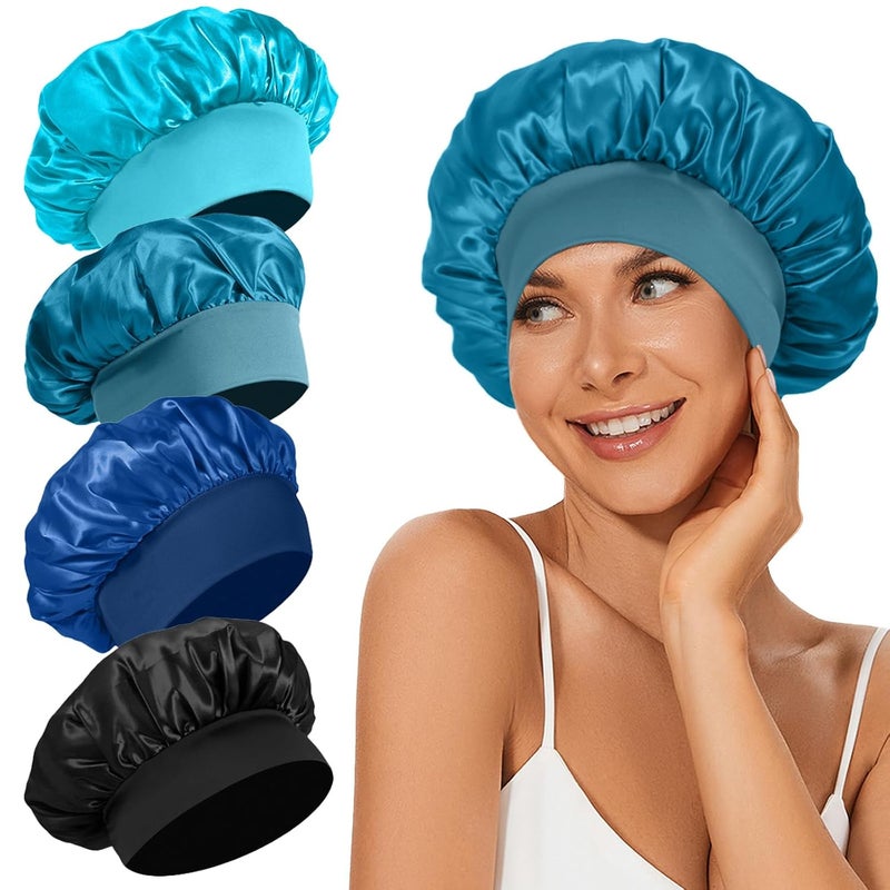LEADUWAY 4Pcs Satin Bonnet Silk Bonnet, Hair Bonnet for Sleeping, Elastic Wide Band Silk Sleep Cap, Shower Cap Soft and Breathable (Blue Series) - Image 1